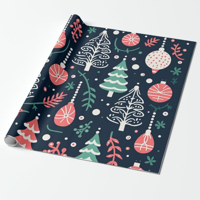 Preppy Blue Holiday Print Christmas  Wrapping Paper (Unrolled)
