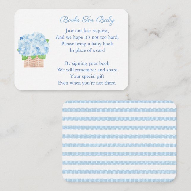 Preppy Blue Hydrangea Baby Boy Shower Bring A Book Enclosure Card (Front/Back)