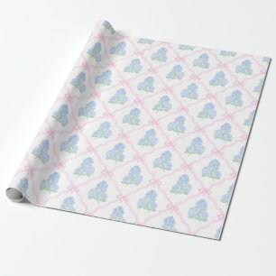 Preppy Blue Hydrangea with Pink Bow Trellis Wrapping Paper