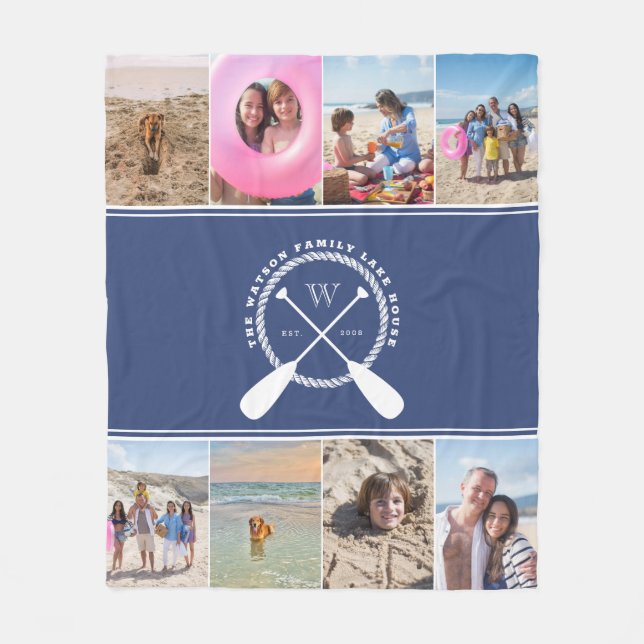 Preppy Blue Lake House Monogram Photo Collage Fleece Blanket (Front)