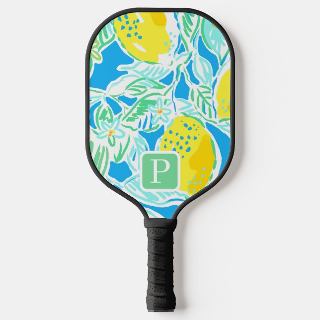 Preppy Blue Lemon Initial Pickleball Paddle (Front)