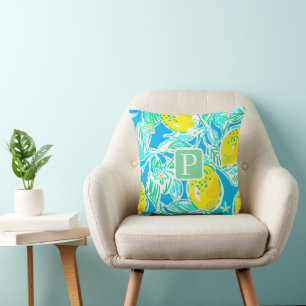 Preppy Blue Lemon Pattern Initial Pillow