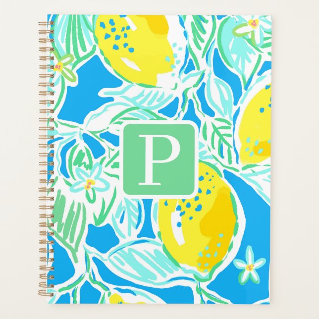 Preppy Blue Lemon Pattern Initial Planner (Front)