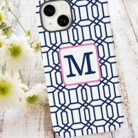 Preppy Blue Octagon Pattern / Navy Monogram White