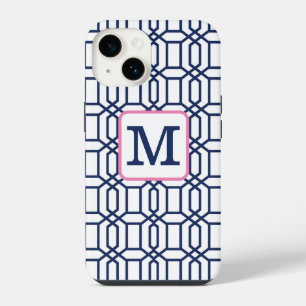 Preppy Blue Octagon Pattern / Navy Monogram White iPhone 14 Case