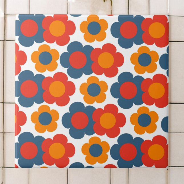 Preppy Blue Orange Hippie Flower Pattern Ceramic Tile (Creator Uploaded)