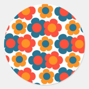 Preppy Blue Orange Hippie Flower Pattern Classic Round Sticker
