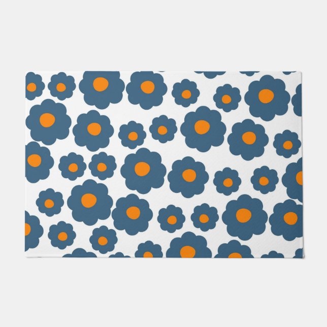Preppy Blue Orange Hippie Flower Pattern Doormat (Front)