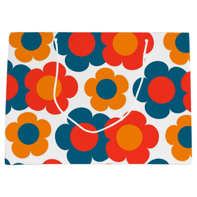 Preppy Blue Orange Hippie Flower Pattern Large Gift Bag (Front)