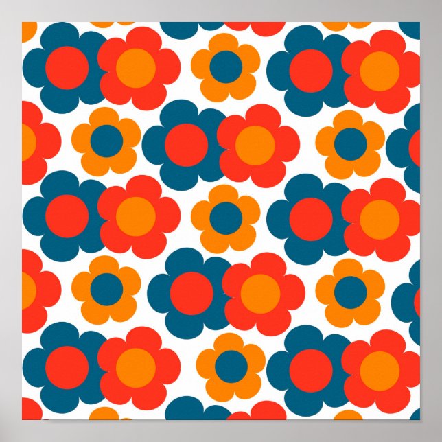Preppy Blue Orange Hippie Flower Pattern Poster (Front)