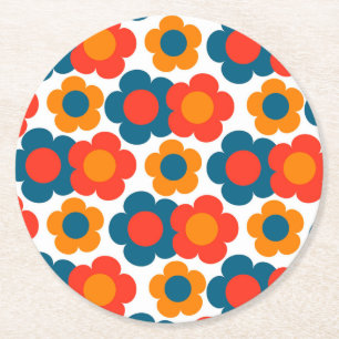 Preppy Blue Orange Hippie Flower Pattern Round Paper Coaster