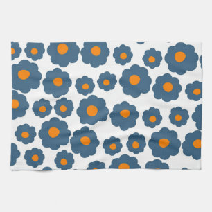 Preppy Blue Orange Hippie Flower Pattern Tea Towel