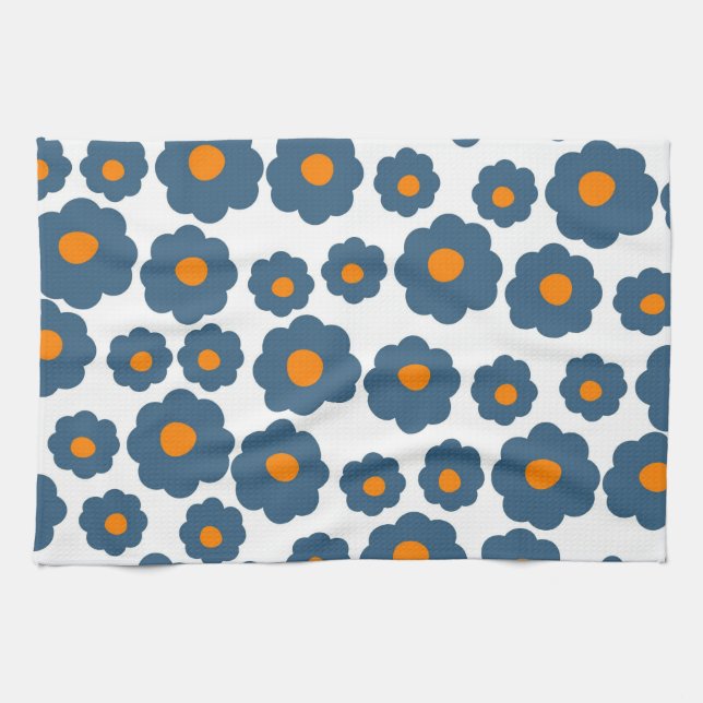 Preppy Blue Orange Hippie Flower Pattern Tea Towel (Horizontal)