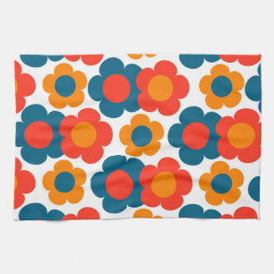 Preppy Blue Orange Hippie Flower Pattern Tea Towel