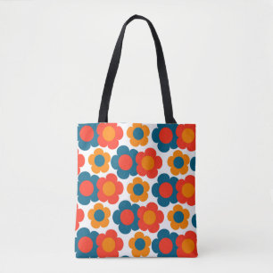 Preppy Blue Orange Hippie Flower Pattern Tote Bag