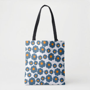Preppy Blue Orange Hippie Flower Pattern Tote Bag
