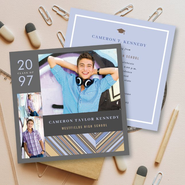 Preppy Blue Pin Stripes Photo Graduation Party Invitation (Creator Uploaded)