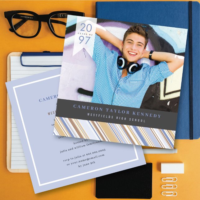Preppy Blue Pin Stripes Photo Graduation Party Invitation (Creator Uploaded)