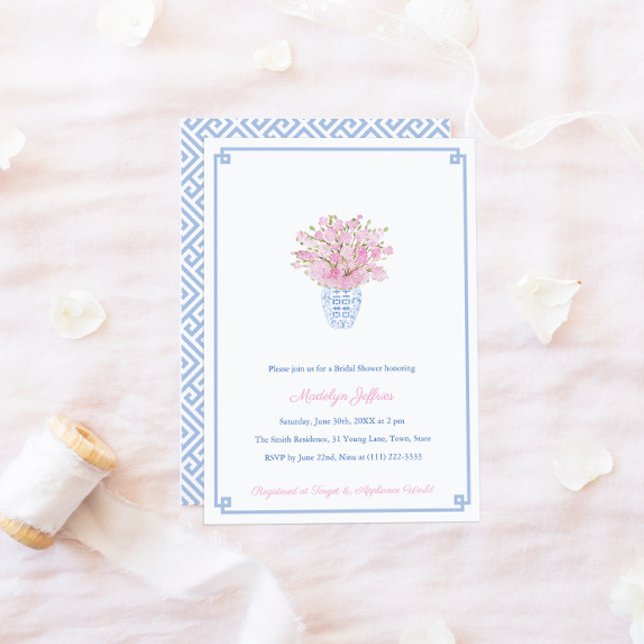 Preppy Blue & Pink Ginger Jar Bridal Shower Party Invitation (Creator Uploaded)
