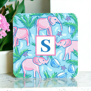 Preppy Blue Pink Green Elephant Monogram Square Paper Coaster