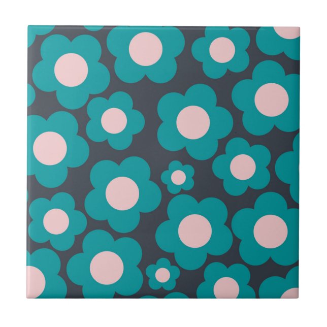 Preppy Blue Pink Hippie Flower Pattern Ceramic Tile (Front)