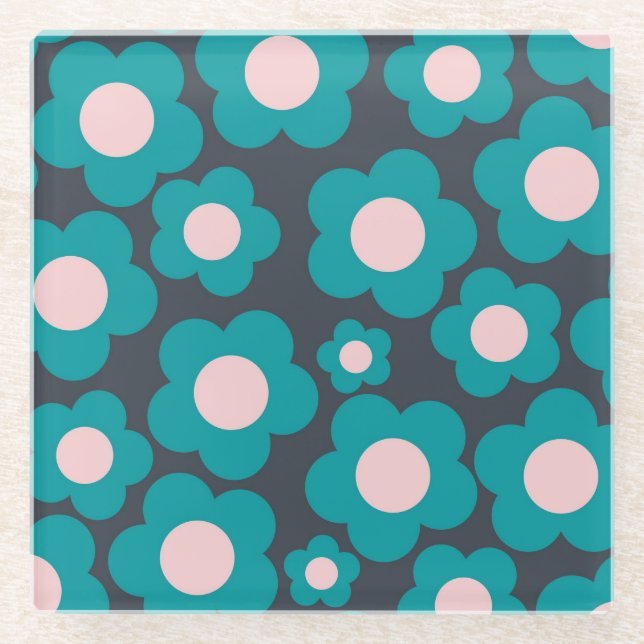 Preppy Blue Pink Hippie Flower Pattern Glass Coaster (Front)