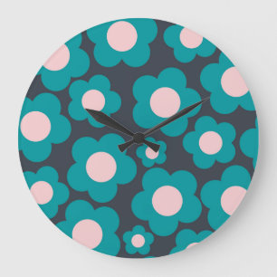 Preppy Blue Pink Hippie Flower Pattern Large Clock