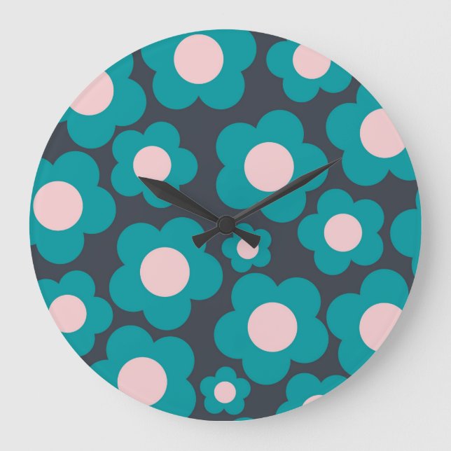 Preppy Blue Pink Hippie Flower Pattern Large Clock (Front)
