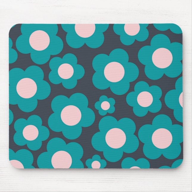 Preppy Blue Pink Hippie Flower Pattern Mouse Pad (Front)
