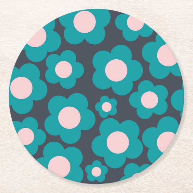 Preppy Blue Pink Hippie Flower Pattern Round Paper Coaster (Front)