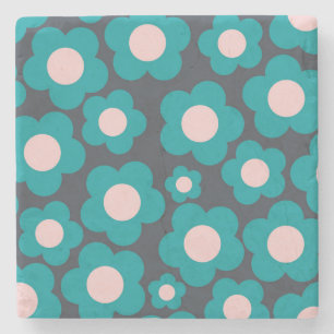 Preppy Blue Pink Hippie Flower Pattern Stone Coaster