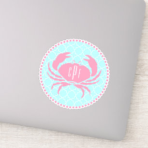 Preppy Blue Pink Monogram Quatrefoil Crab