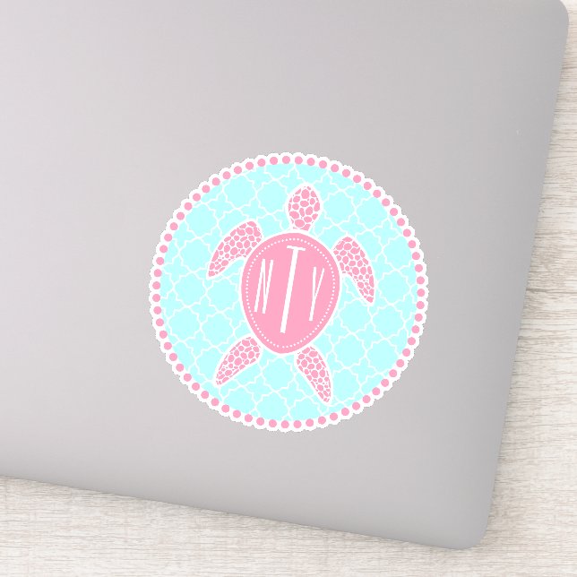 Preppy Blue Pink Monogram Quatrefoil Sea Turtle (Detail)