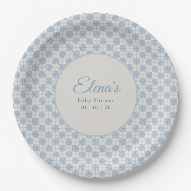 Preppy Blue Plaid Baby Shower  Paper Plate (Front)