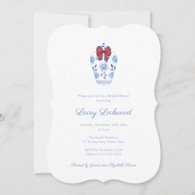 Preppy Blue Red Bow Tartan Holidays Bridal Shower Invitation (Front)
