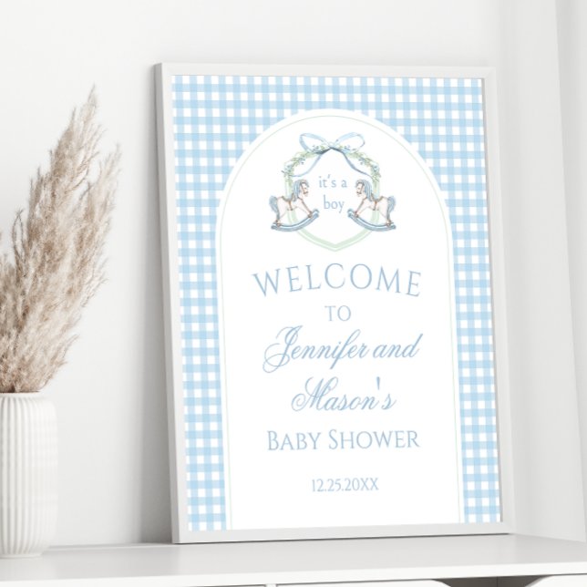 Preppy Blue Rocking Horse Gingham Baby Boy Shower Poster (Creator Uploaded)