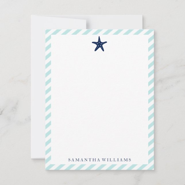 Preppy Blue Starfish on Mint Stripes Note Cards (Front)