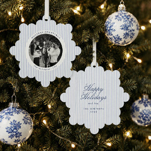 Preppy Blue Stripe Holiday Christmas Photo Tree Decoration Card