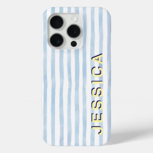 Preppy Blue Striped Custom Name iPhone 15 Pro Case