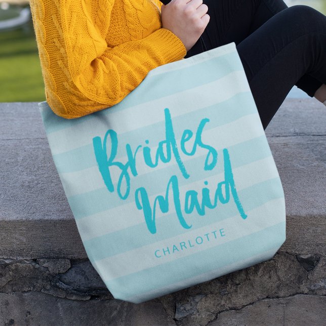 Preppy Blue Stripes Brush Script Bridesmaid Tote Bag (Creator Uploaded)