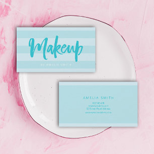 Preppy Blue Stripes Brush Script Makeup Business Card
