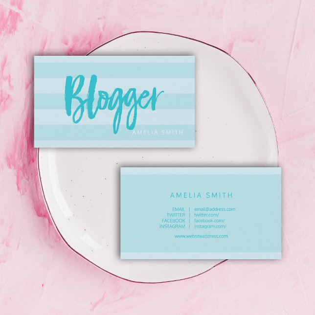 Preppy Blue Stripes Script Blogger Social Media Business Card (Creator Uploaded)
