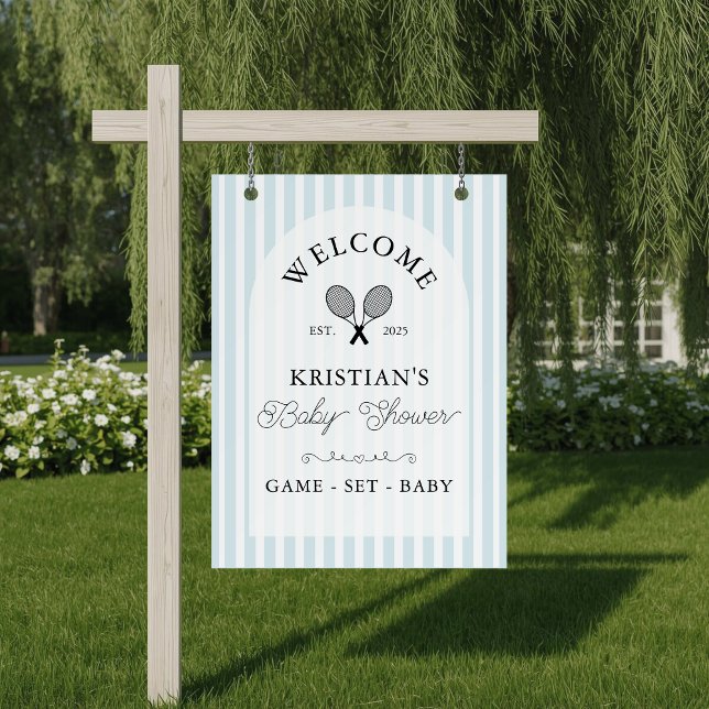 Preppy Blue Tennis Baby Shower Welcome Poster (blue and white baby shower welcome sign with chic tennis motif and elegant arch displayed on easel)