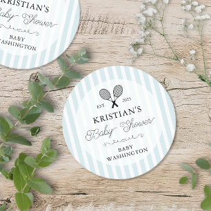 Preppy Blue Tennis Country Club Baby Shower Round Paper Coaster