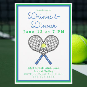Preppy Blue Tennis Racquets Drinks Dinner Party Invitation