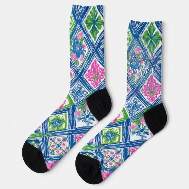 Preppy Blue Tile Floral Custom Name Crew Socks (Left)