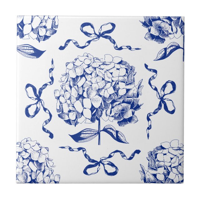 Preppy Blue Toile Hydrangea Bow Seamless Pattern Ceramic Tile (Front)