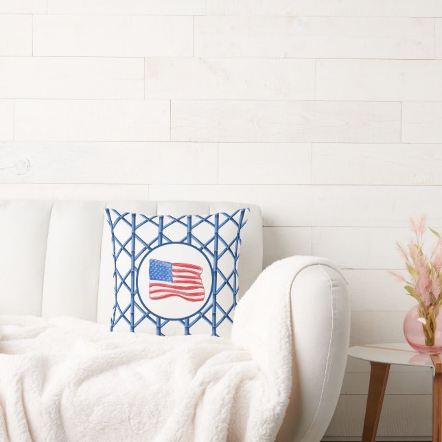 Preppy Blue Trellis Bamboo Pattern American Flag Cushion (Couch)