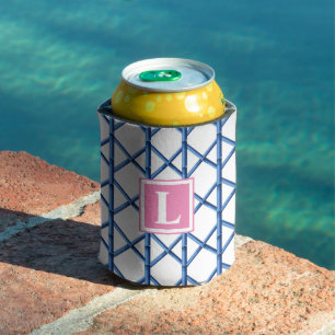 Preppy Blue Trellis Bamboo Pattern Monogram Can Cooler