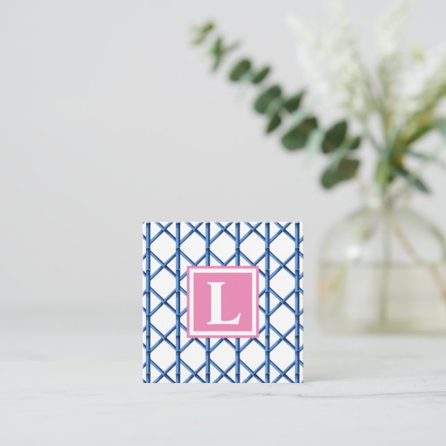Preppy Blue Trellis Bamboo Pattern Monogram Card (Standing Front)